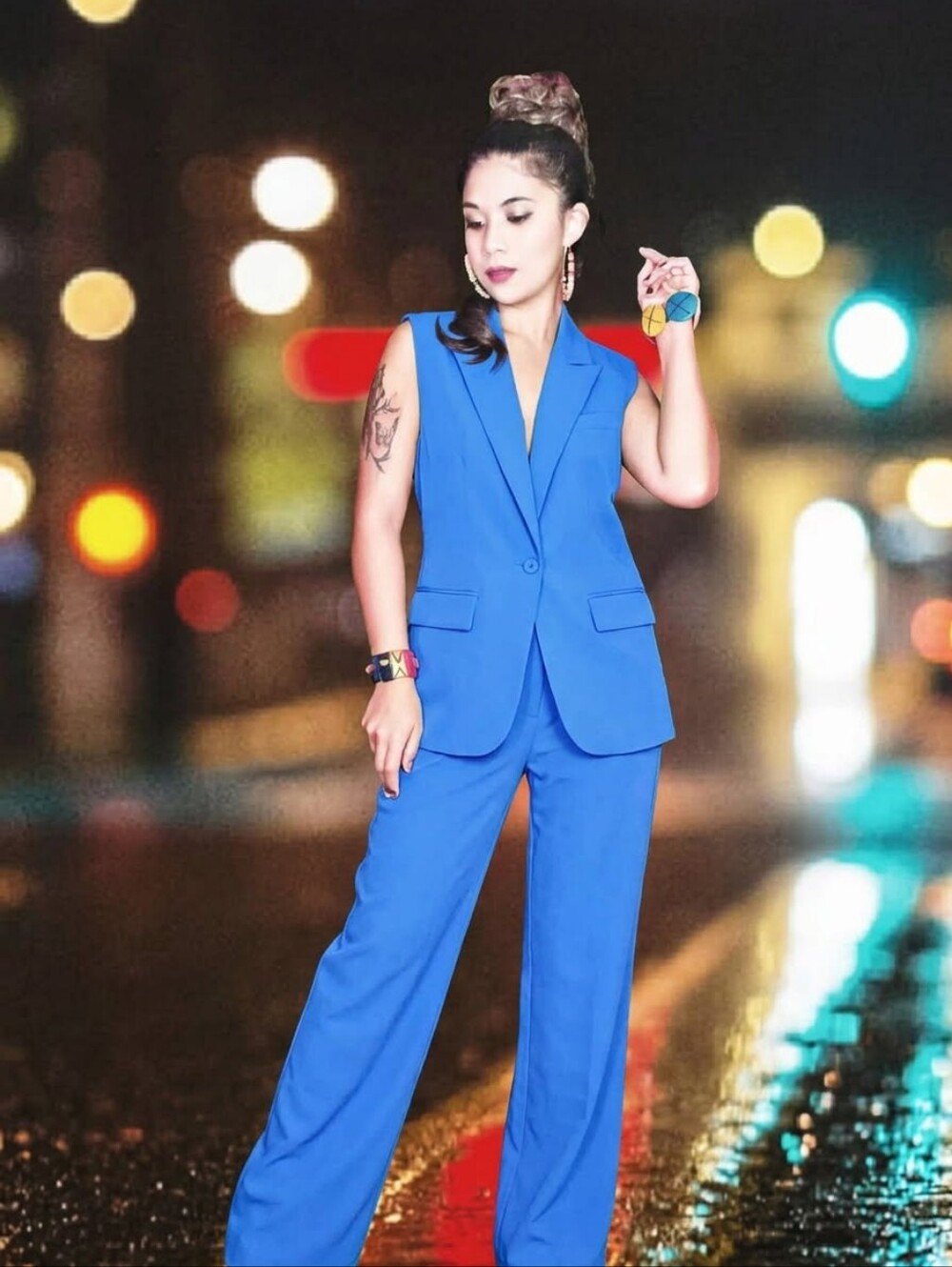 2pcs Sleeveless Navy Blue Tailored Vest & Wide-Leg Pants Set